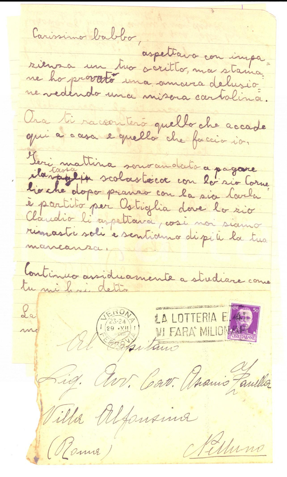 Manoscritto, lettera originale 1939 VERONA Lettera all'avv. Ascanio ZANELLA dai figli lontani 1
