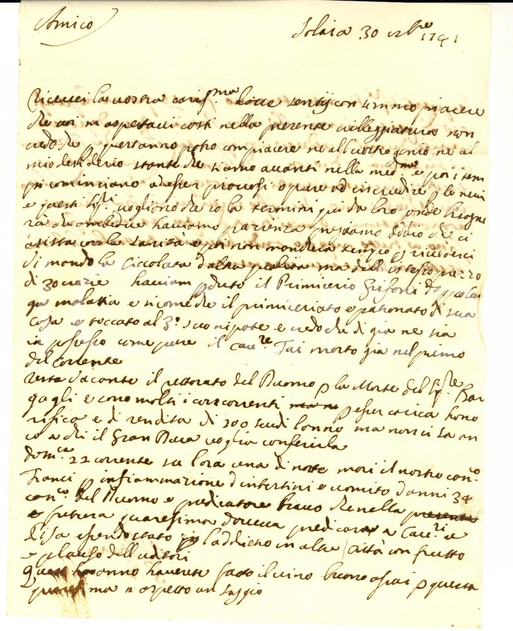 Documento originale, autentico 1741 SOLAIA FI Morte canonico FRANCI per infiammazione d intestino e vomito 1