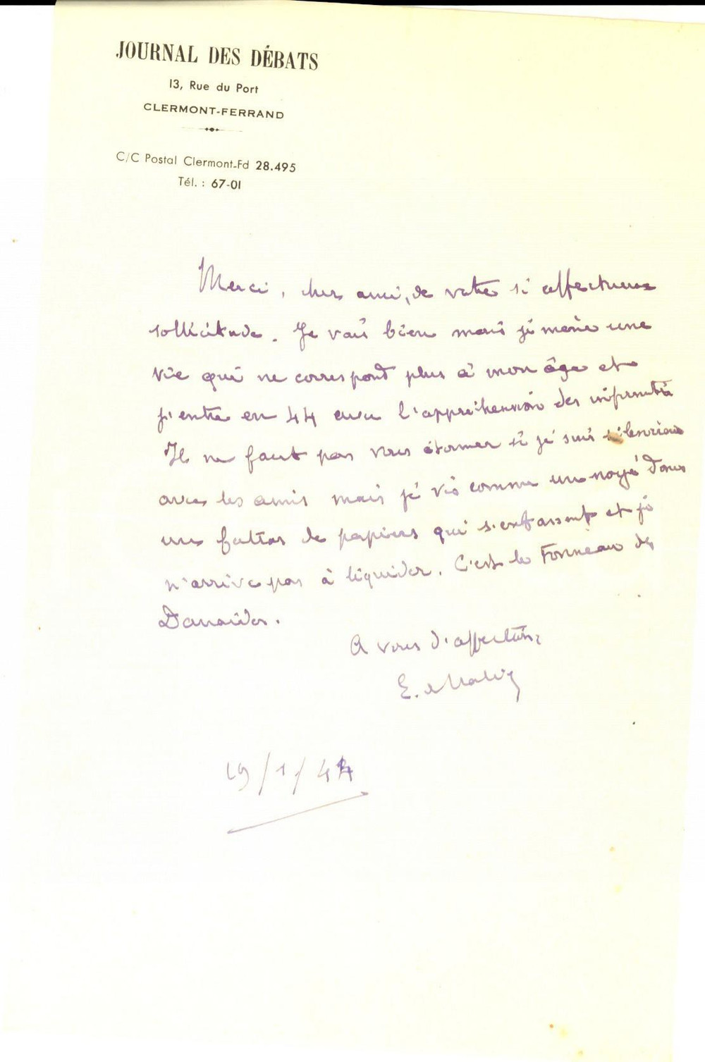 Autografo originale 1944 PARIS JOURNAL DES DEBATS Etienne BANDY DE NALECHE silenzioso con gli amici 1