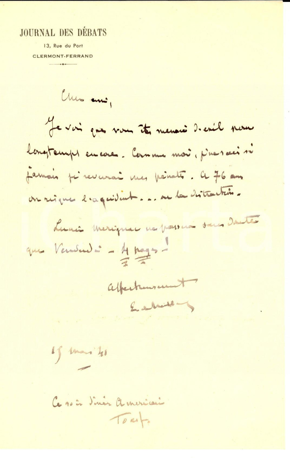 Autografo originale 1941 PARIS JOURNAL DES DEBATS Etienne BANDY DE NALECHE et l exile AUTOGRAPHE 1