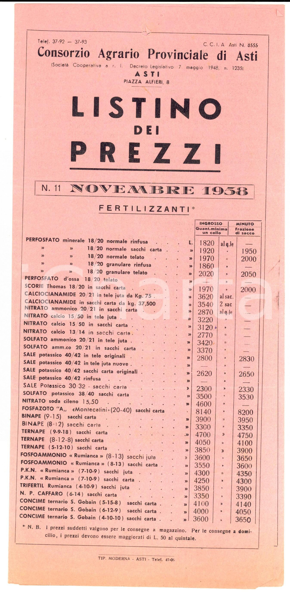 Materiale pubblicitario d’epoca Novembre 1958 ASTI Consorzio Agrario Provinciale Listino fertilizzanti 1