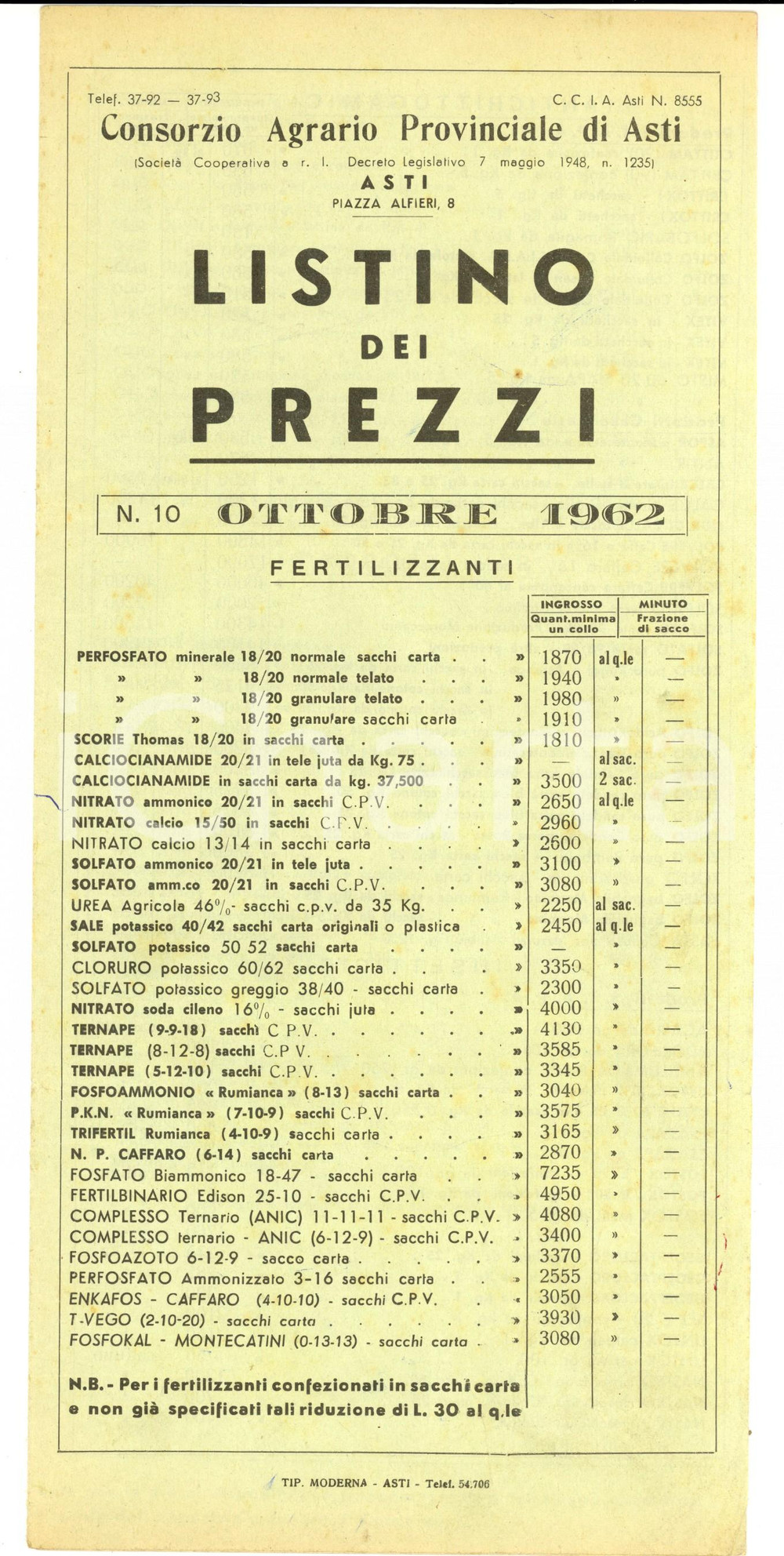 Materiale pubblicitario d’epoca Ottobre 1962 ASTI Consorzio Agrario Provinciale Listino fertilizzanti e mangimi 1