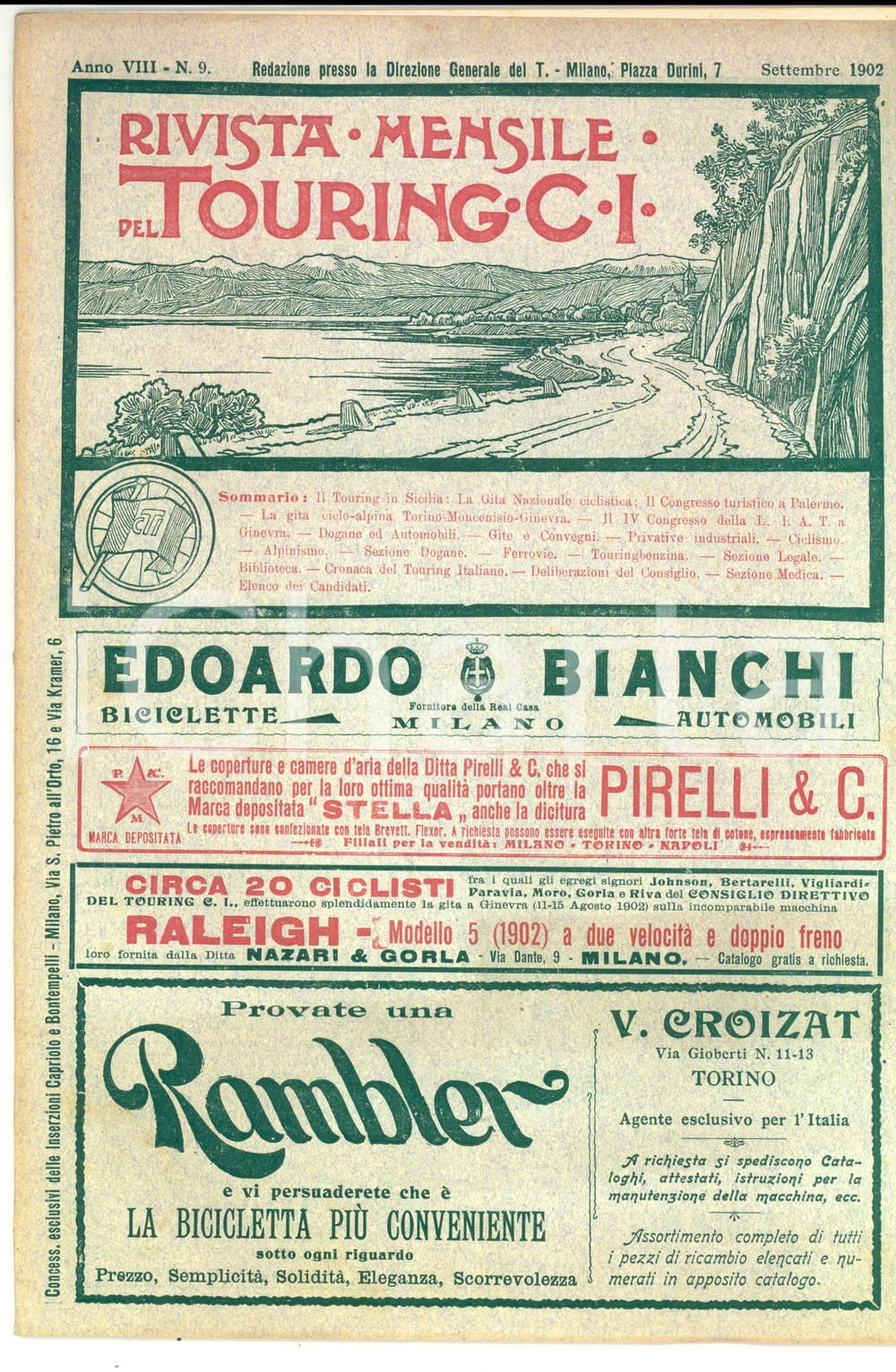 Materiale pubblicitario d’epoca 1902 TOURING CLUB ITALIANO Rivista  Gita ciclistica in SICILIA  Anno VIII  nÂ°9 1