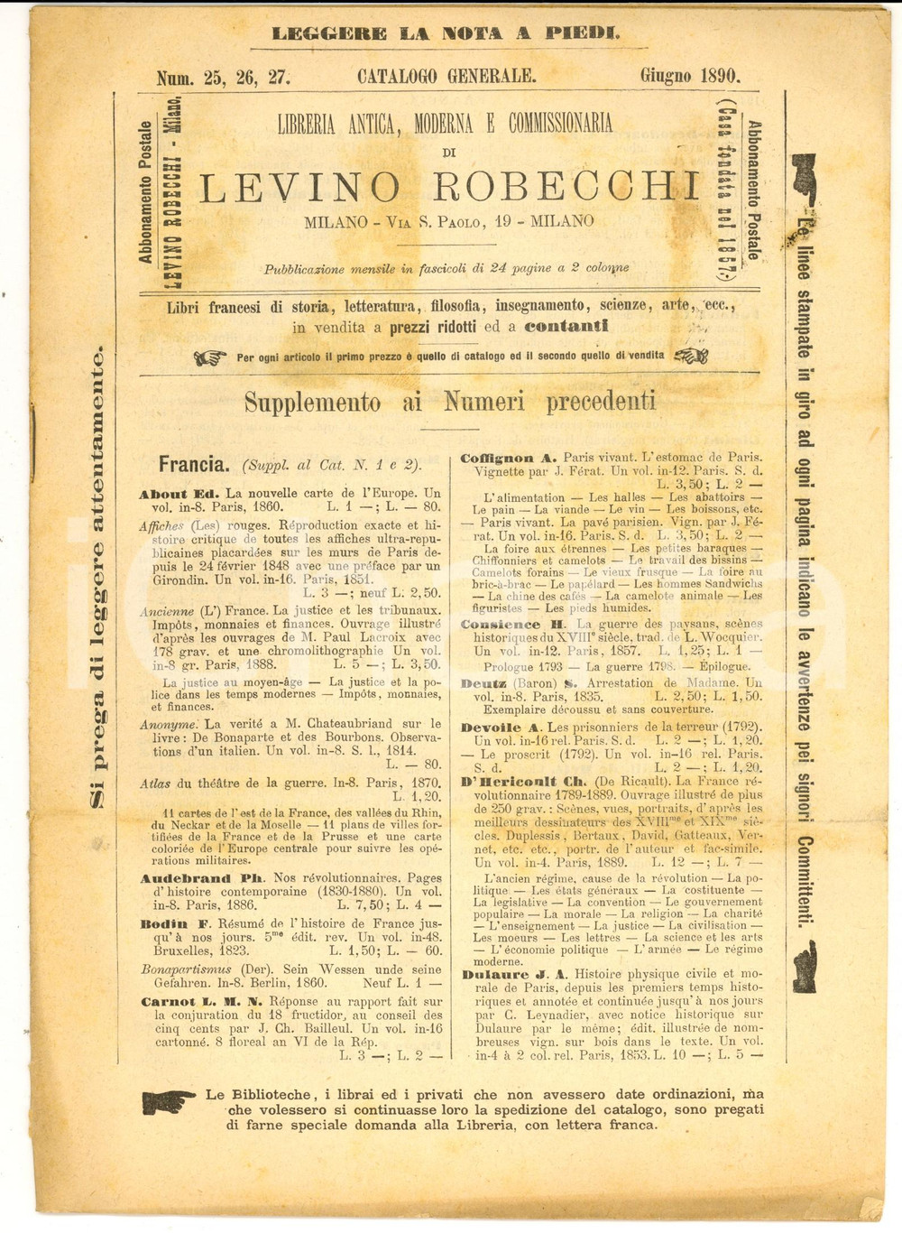 Libro, pubblicazione d'epoca 1890 MILANO Catalogo Libreria Levino ROBECCHI nÂ° 25 26 27 Libri francesi 1