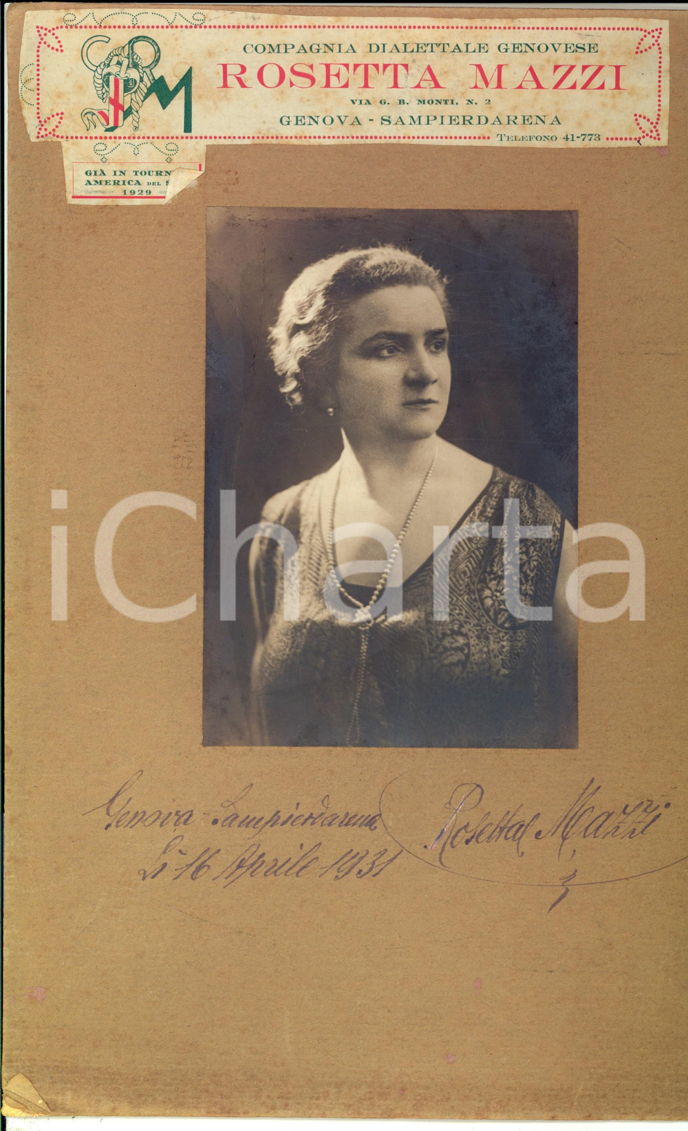 Autografo originale 1931 GENOVA Fotografia Rosetta MAZZI Compagnia Dialettale Genovese AUTOGRAFATA 1