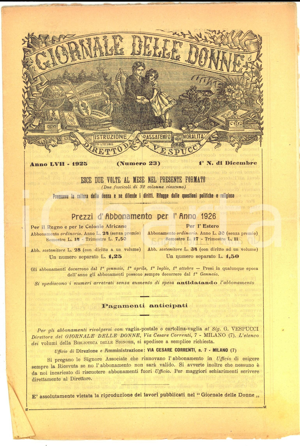 Giornale, rivista storica 1925 MILANO Rivista GIORNALE DELLE DONNE Anno LVII n° 23 Coltura della donna 1