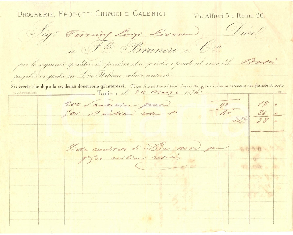 Documento originale, autentico 1876 TORINO Ditta Fratelli BRUNERO Prodotti chimici e galenici *Fattura 1