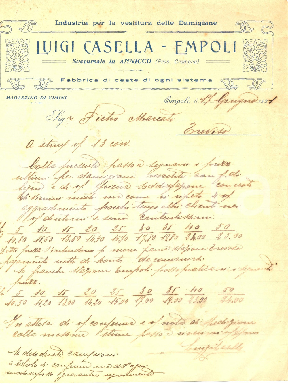 Documento originale, autentico 1921 EMPOLI FI Ditta Luigi CASELLA Vestitura damigiane e fabbrica di ceste 1