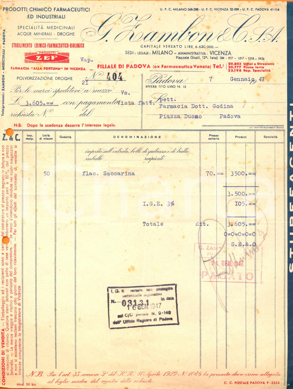 Documento originale, autentico 1947 VICENZA Ditta ZAMBON e C.S.A Prodotti chimico farmaceutici droghe Fattura 1