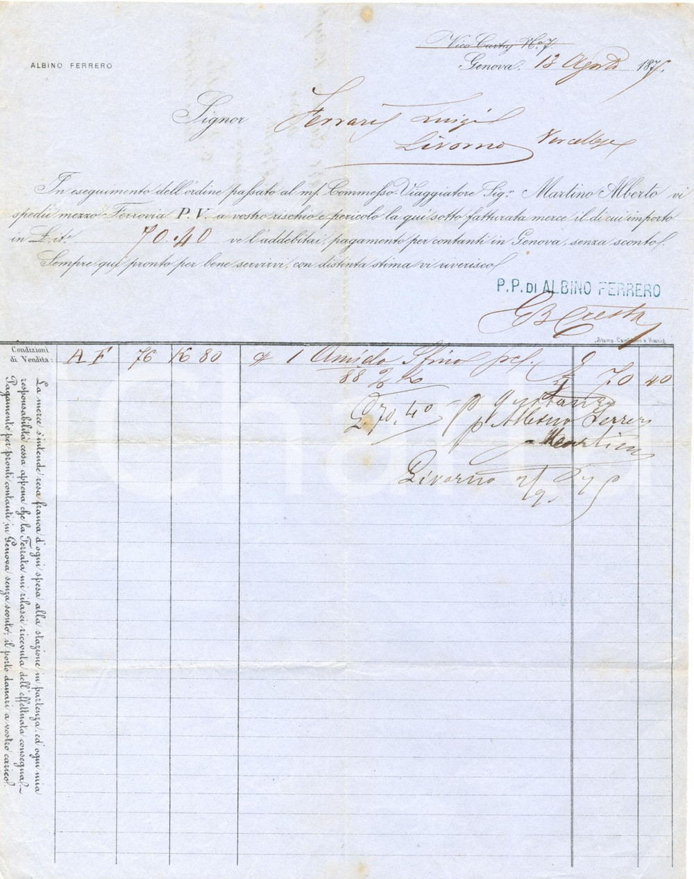 Documento originale, autentico 1875 GENOVA Albino FERRERO vendita di amido *Fattura commerciale 1
