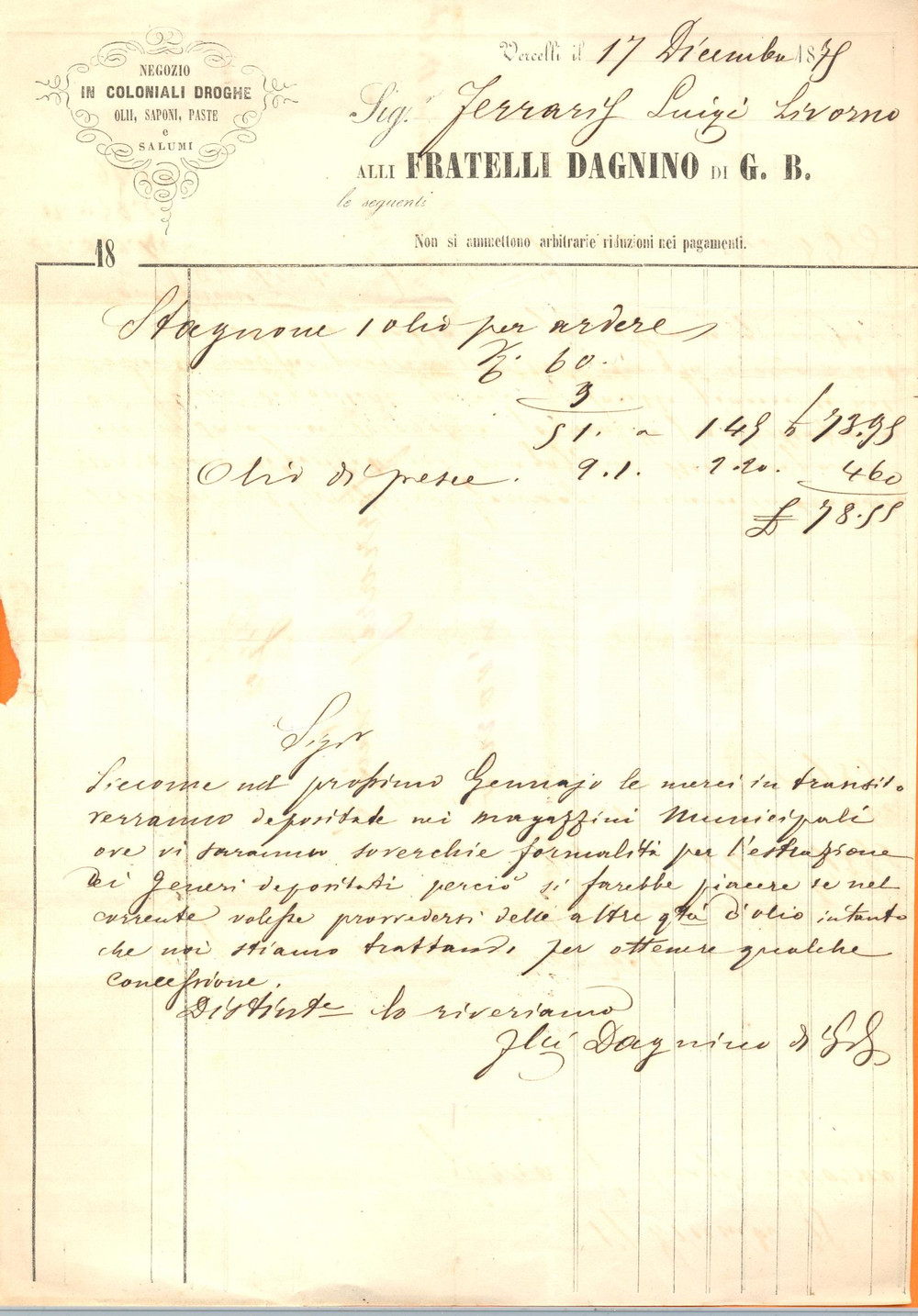Documento originale, autentico 1879 VERCELLI Drogheria FRATELLI DAGNINO olii saponi salumi Fattura commerciale 1