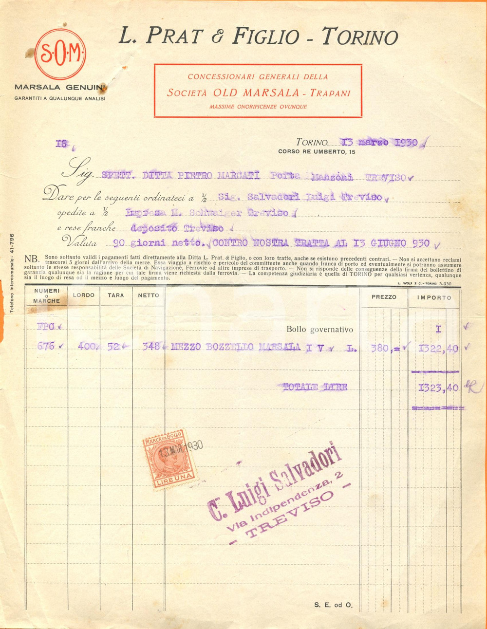 Documento originale, autentico 1930 TORINO PRAT e FIGLIO Concessionari Generali OLD MARSALA Fattura commerciale 1