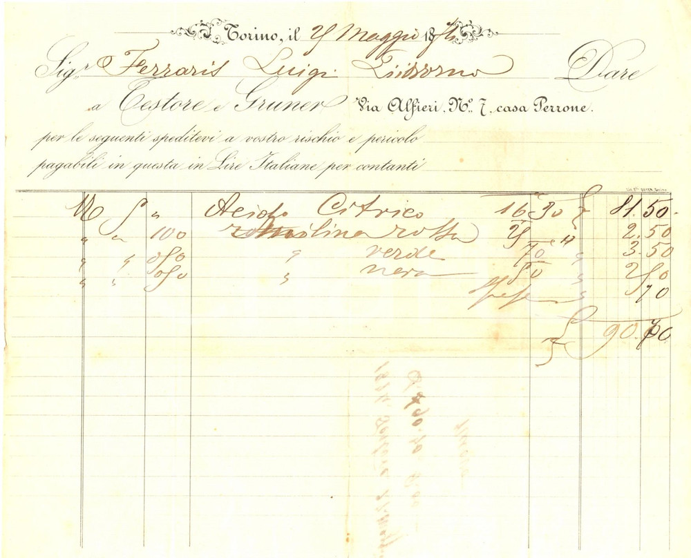 Documento originale, autentico 1874 TORINO Ditta TESTORE e GRUNER acido citrico e anilina Fattura commerciale 1