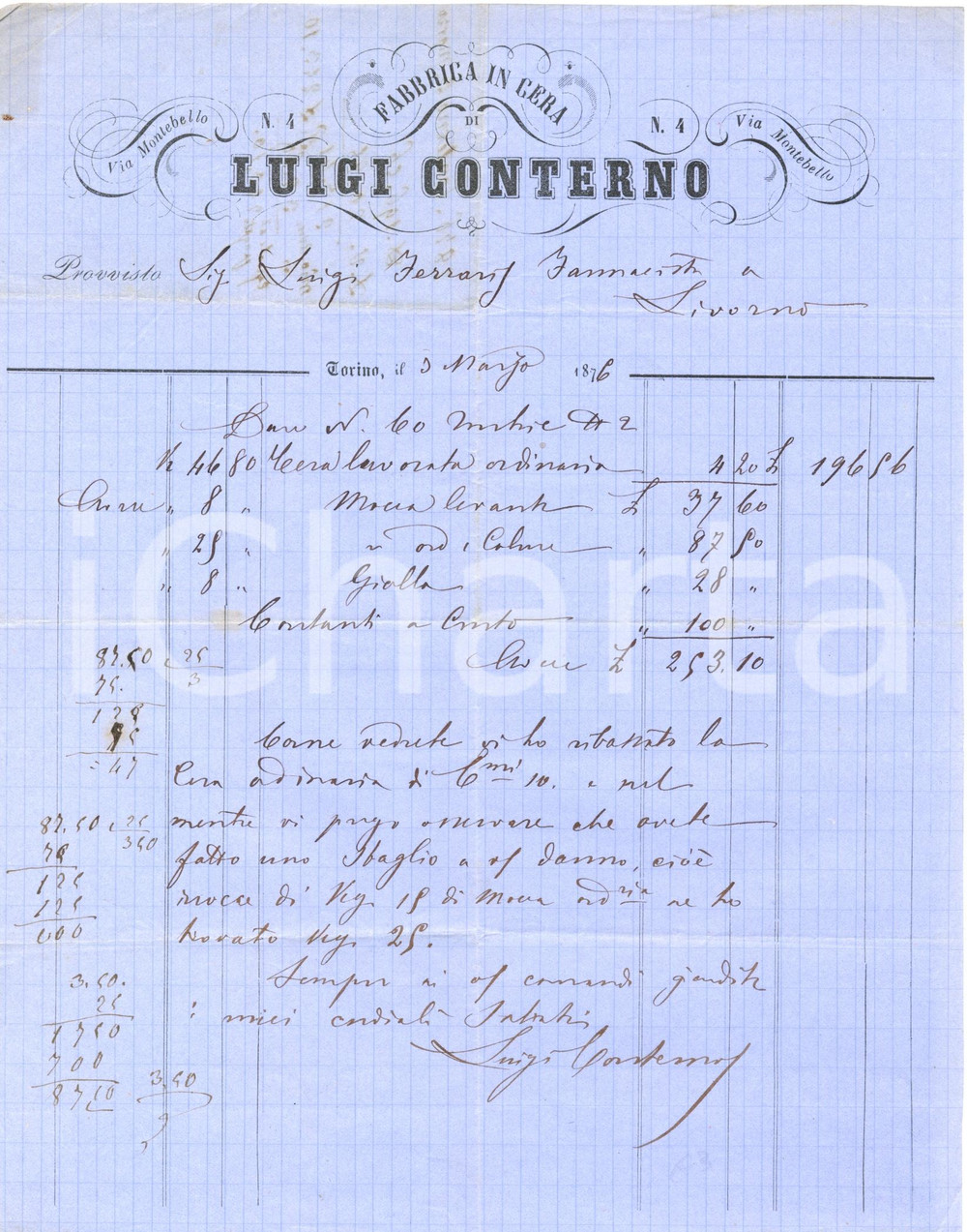 Documento originale, autentico 1876 TORINO Fabrica in cera Luigi CONTERNO Fattura con firma AUTOGRAFA 1