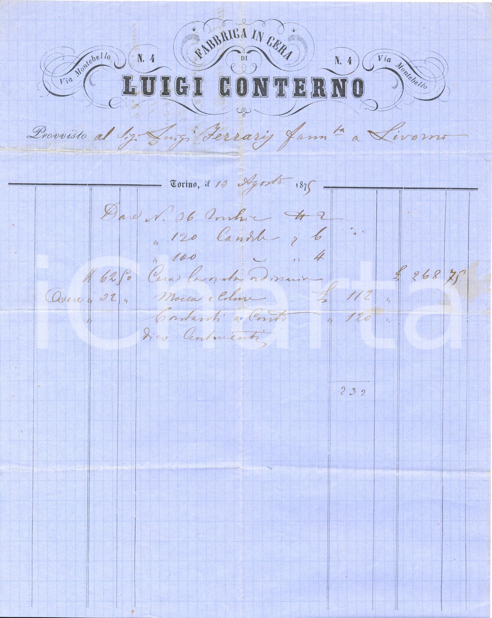Documento originale, autentico 1875 TORINO Fabrica in cera Luigi CONTERNO Fattura commerciale 1