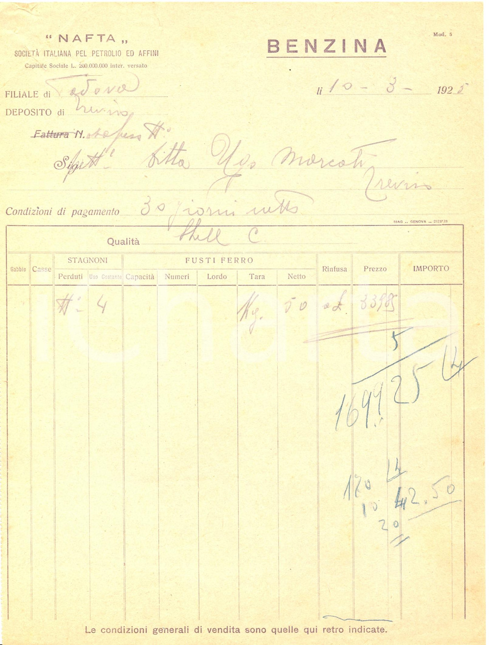 Documento originale, autentico 1925 TREVISO NAFTA SocietÃ  Italiana pel petrolio ed affini *Fattura commerciale 1