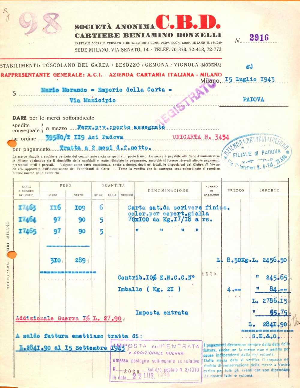 Documento originale, autentico 1943 MILANO Società Anon. C.B.D CARTIERE Beniamino DONZELLI Fattura commerciale 1