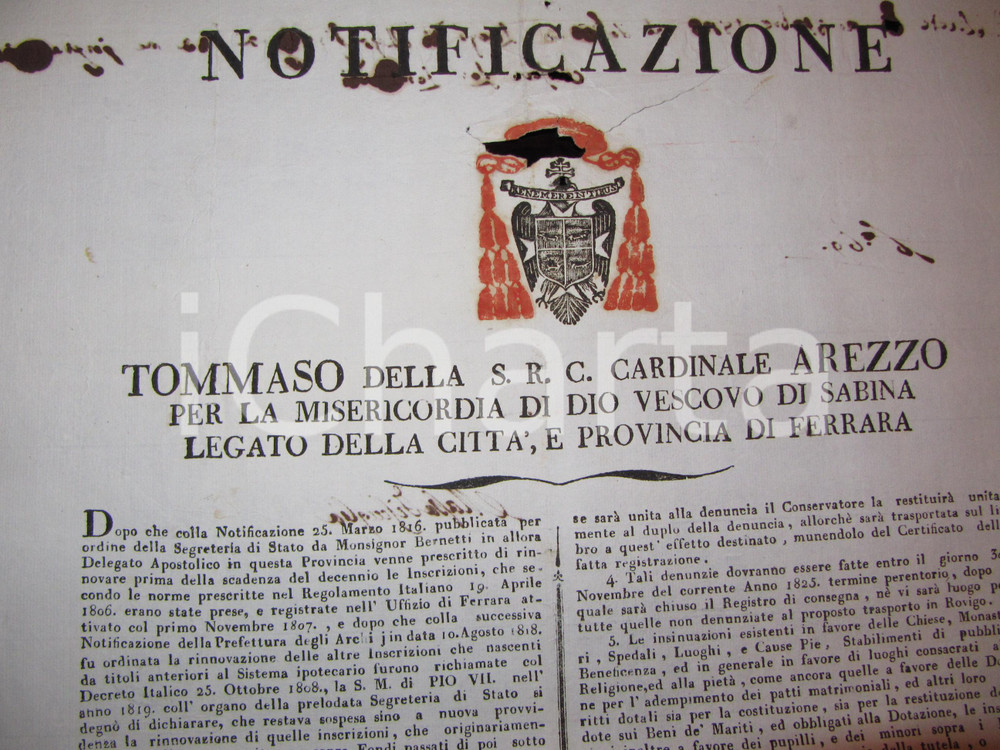Documento originale, autentico 1825 FERRARA GOVERNO PONTIFICIO Stralcio beni TRANSPADANA a ROVIGO *Manifesto 1