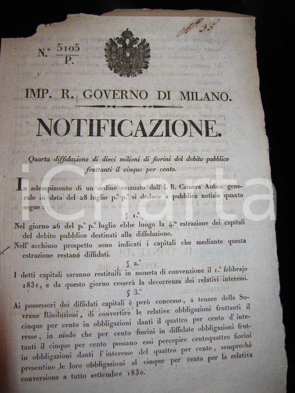 Documento originale, autentico 1830 MILANO DEBITO PUBBLICO Diffidazione dieci milioni fiorini *Manifestino 1