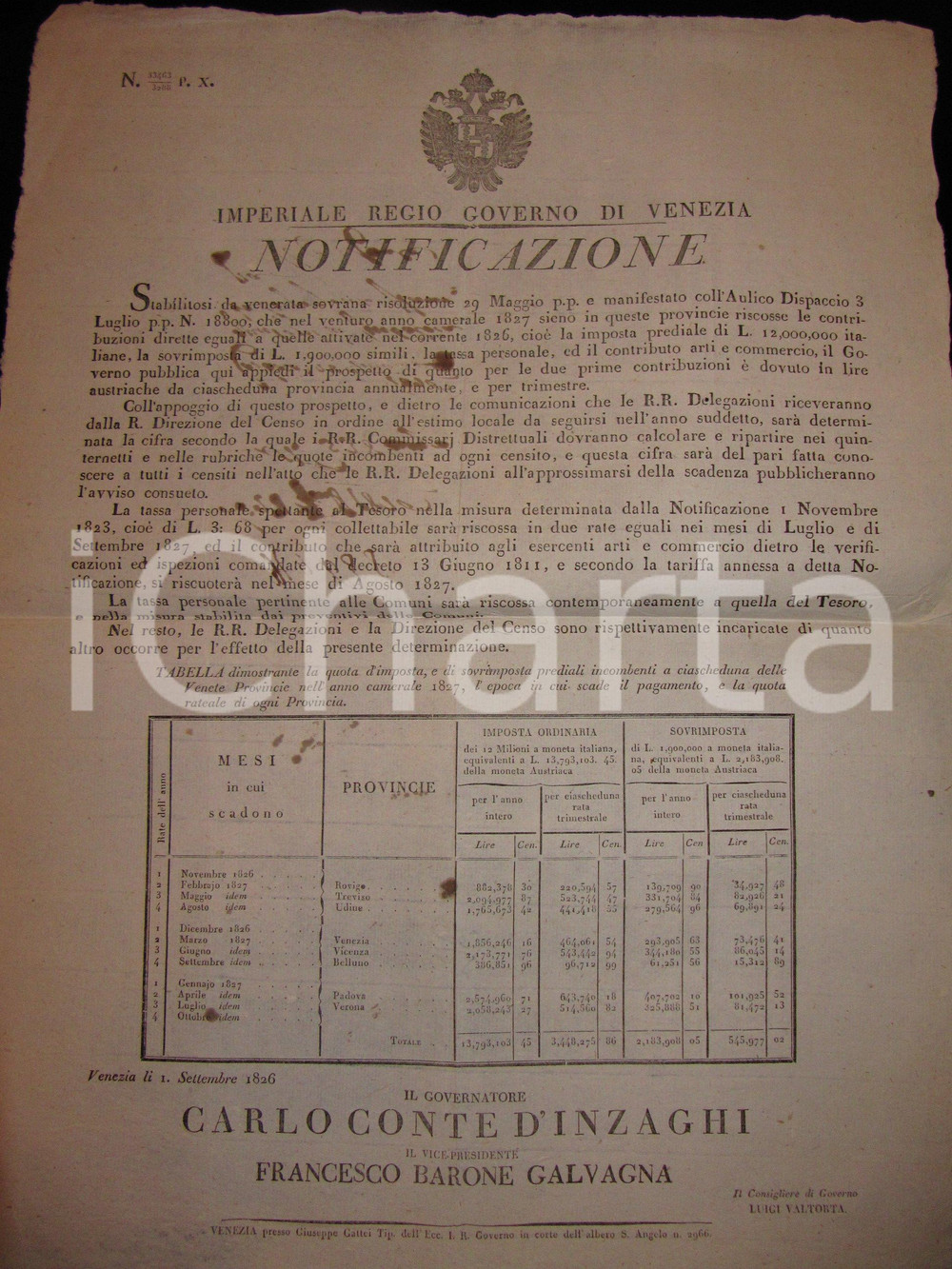 Documento originale, autentico 1826 VENEZIA Imposte nelle Province IMPERIAL REGIO GOVERNO *Manifesto 1