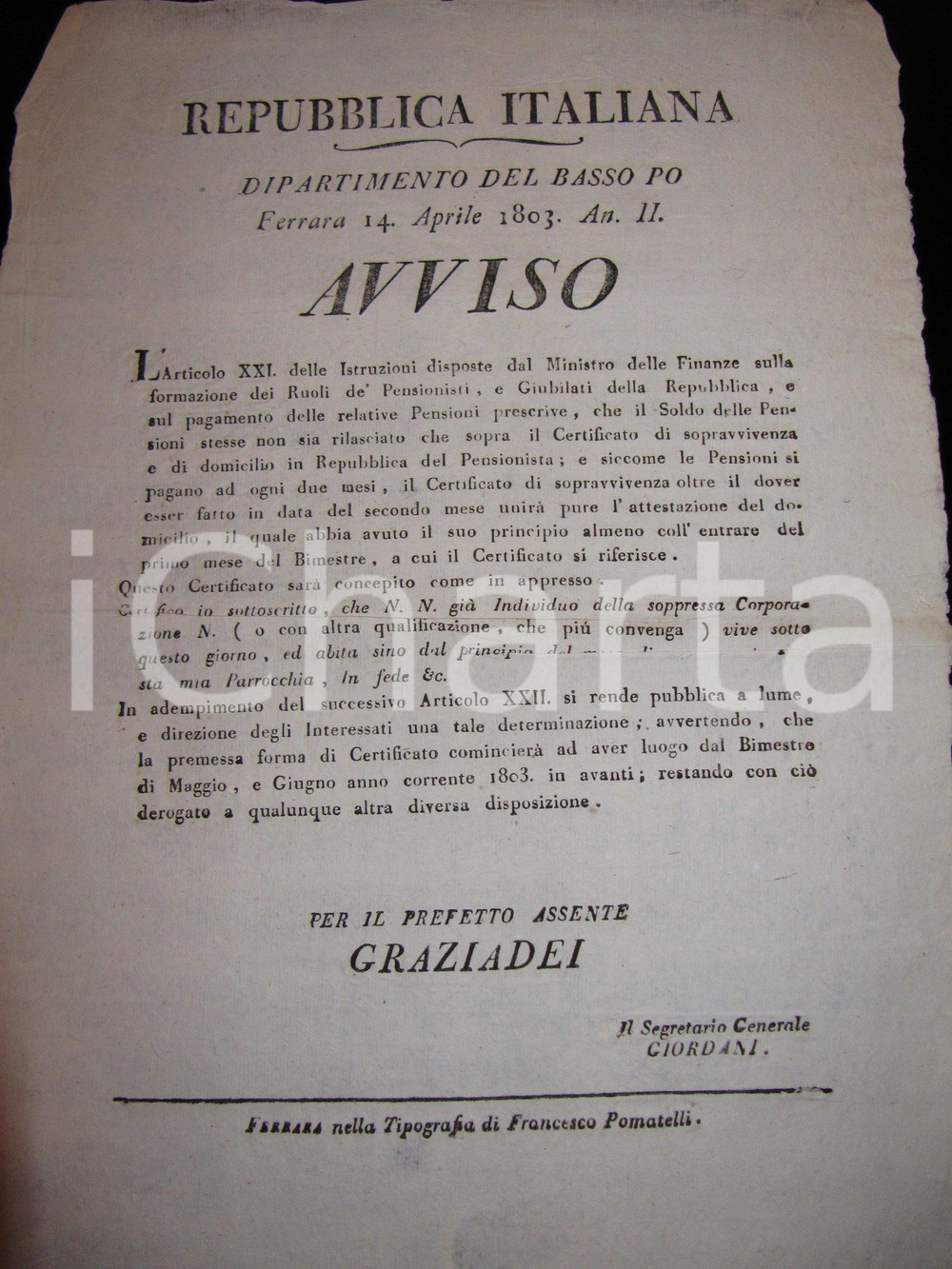 Documento originale, autentico 1803 FERRARA REPUBBLICA ITALIANA Pensioni per i Giubilati BASSO PO *Manifesto 1