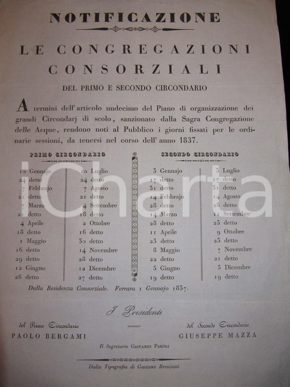 Documento originale, autentico 1837 FERRARA GOVERNO PONTIFICIO Riunioni Congregazioni Consorziali Scolo (1) 1