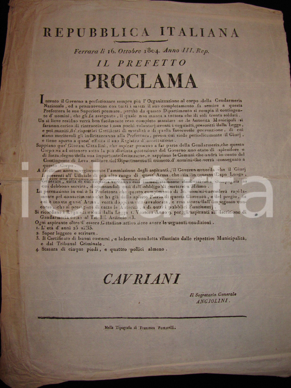 Documento originale, autentico 1804 FERRARA REPUBBLICA ITALIANA Ancora trenta soldati per Gendarmeria Nazionale 1