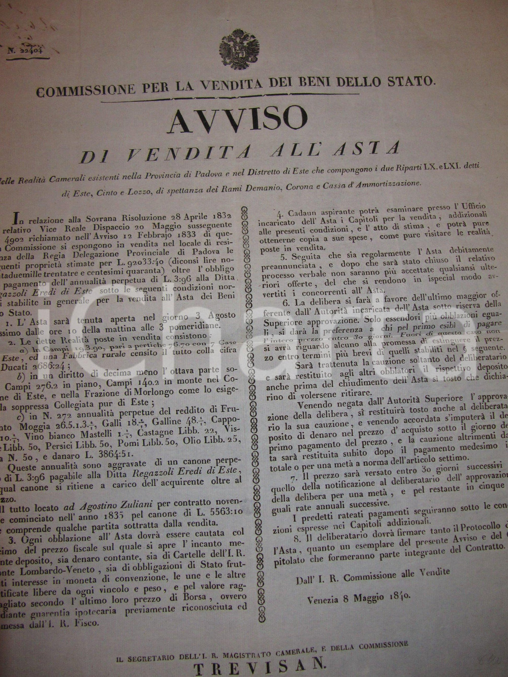 Documento originale, autentico 1840 ESTE (PD) Asta terreni a CINTO EUGANEO e LOZZO ATESTINO Manifesto 42 x 56 1