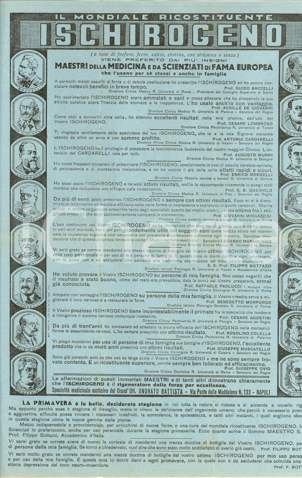 Materiale pubblicitario d’epoca 1939 NAPOLI Farmacia Onorato BATTISTA Ricostituente ischirogeno ILLUSTRATO 1