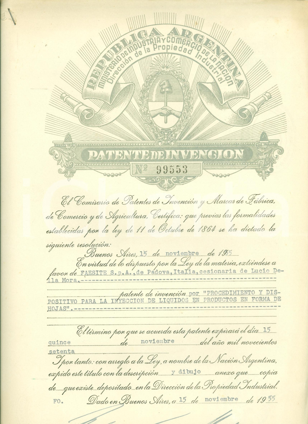 Oggetto da collezione cartaceo 1955 BUENOS AIRES ARGENTINA Brevetto FAESITE SPA iniettore liquidi Documento 1