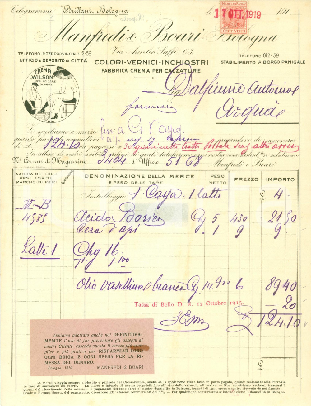 Documento originale, autentico 1919 BOLOGNA Colori vernici MANFREDI & BOARI Crema WILSON per scarpe Fattura 1