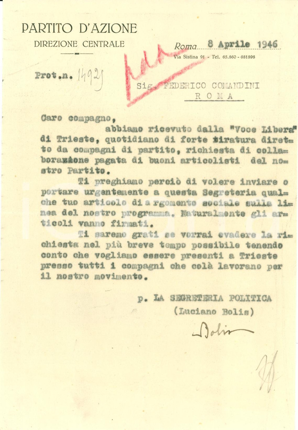 Autografo originale 1946 ROMA Partito Azione Luciano BOLIS recluta collaboratori VOCE LIBERA Autogr. 1