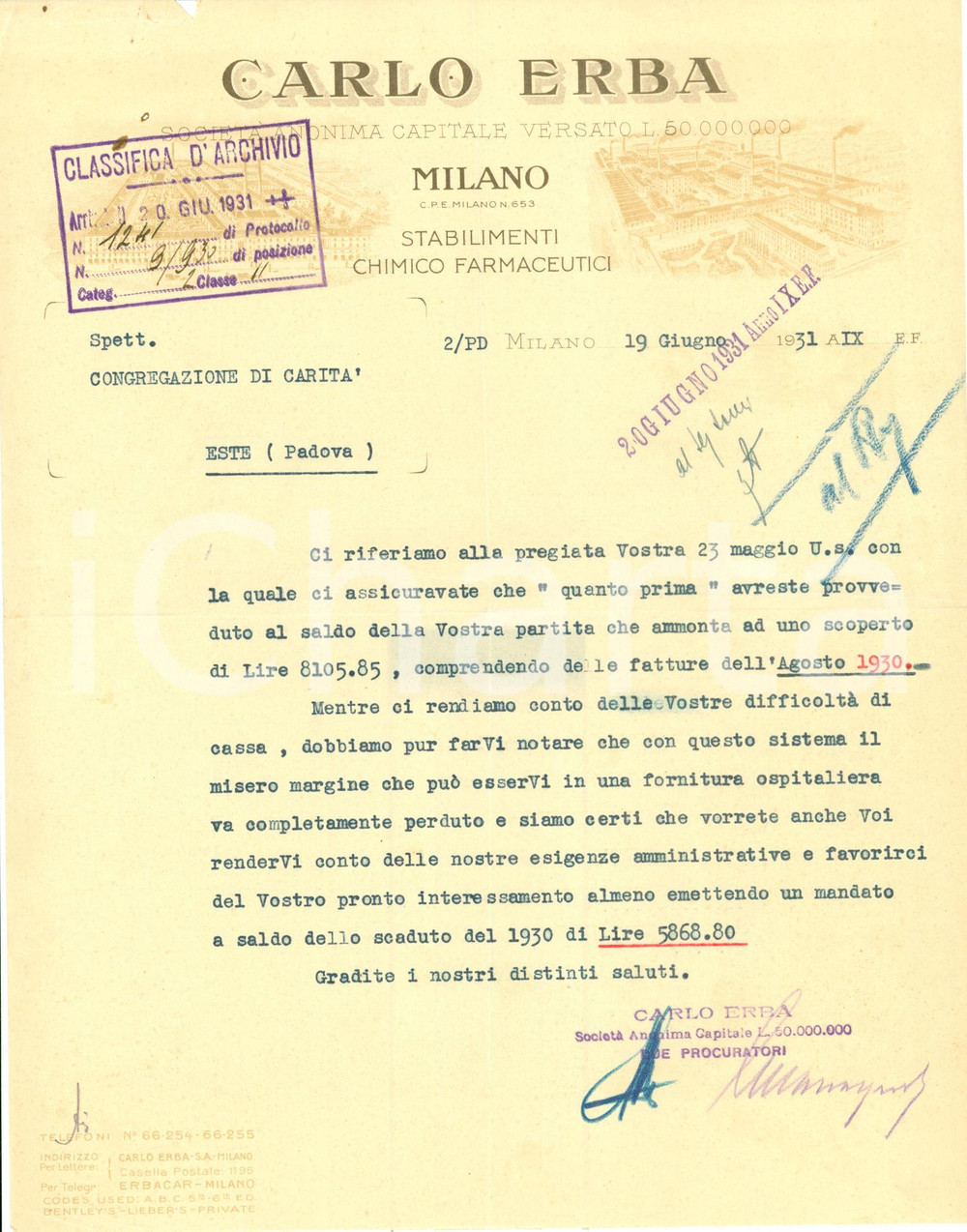Documento originale, autentico 1931 MILANO Stabilimenti chimico-farmaceutici CARLO ERBA Lettera ILLUSTRATA 1