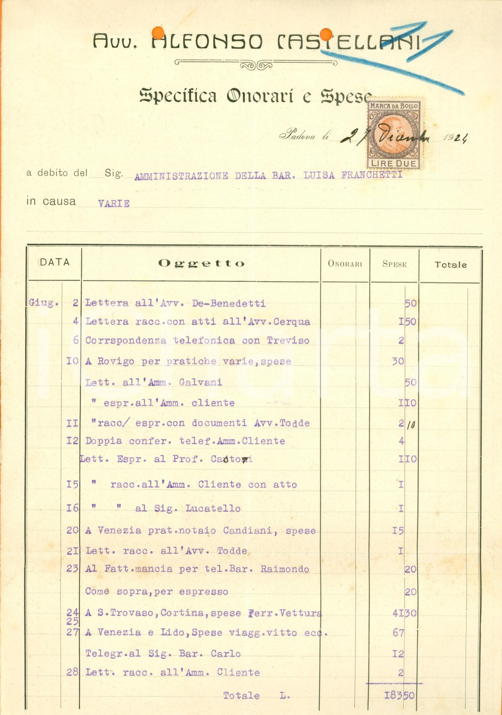 Documento originale, autentico 1924 PADOVA Onorari spese avvocato Alfonso CASTELLANI *Documento 8 pagine 1