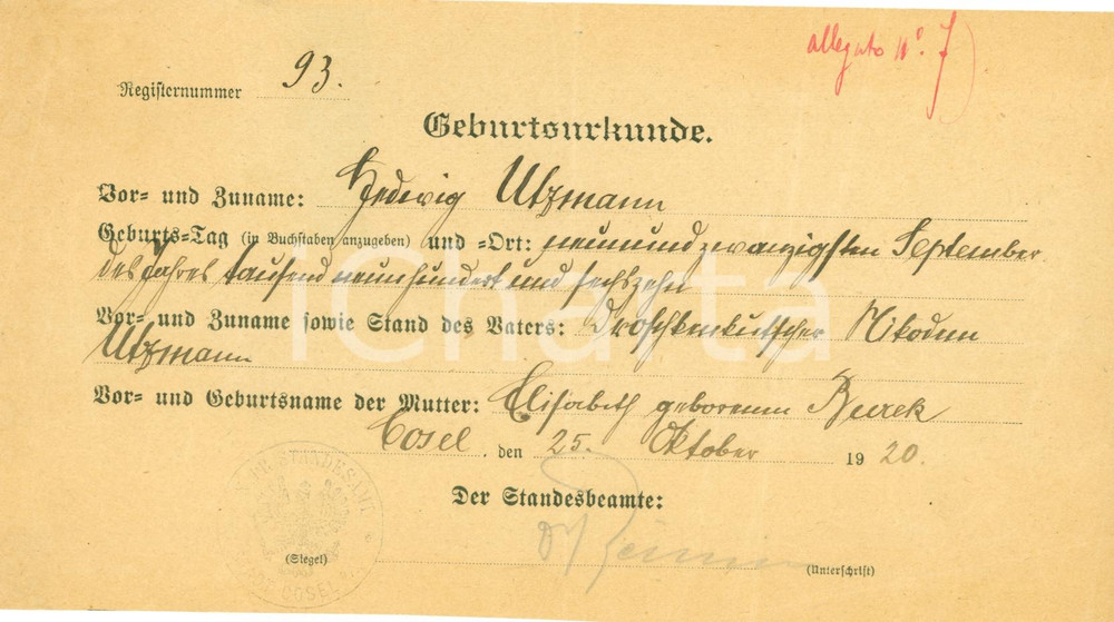 Documento originale, autentico 1920 COZLE POLAND Geburtsurkunde Ludwig ULZMANN Stadt COSEL 1