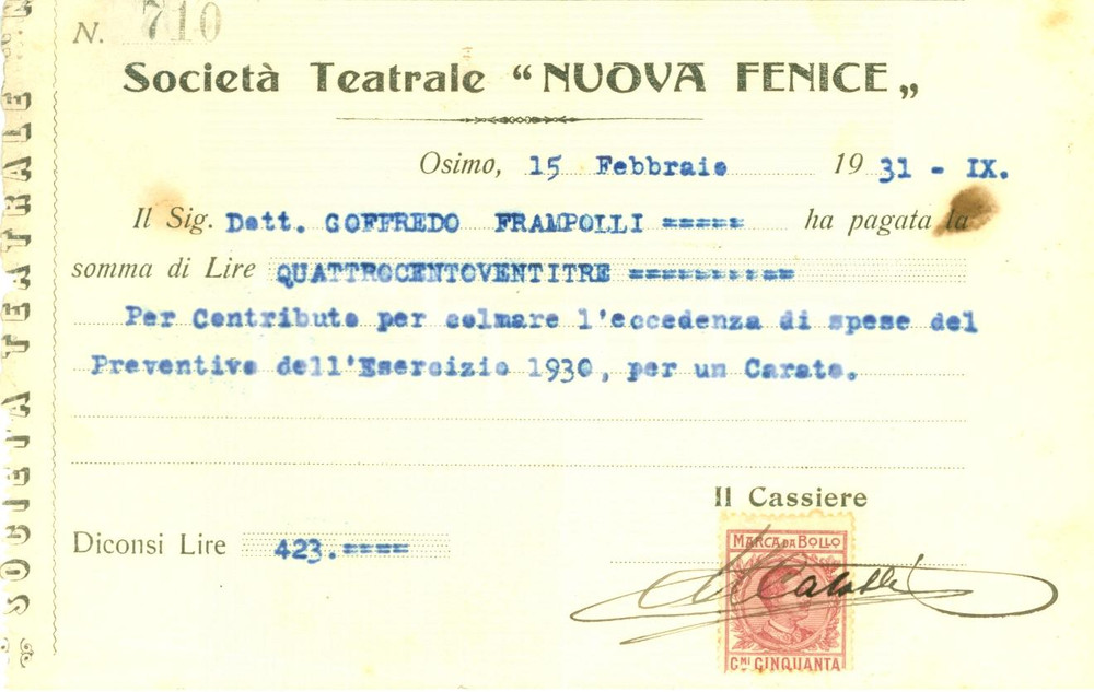 Documento originale, autentico 1931 OSIMO AN Società Teatrale NUOVA FENICE Ricevuta per Goffredo FRAMPOLI 1