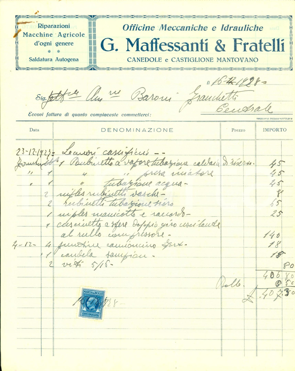 Documento originale, autentico 1928 ROVERBELLA Officine meccaniche MAFFESSANTI Canedole CASTIGLIONE MANTOVANO 1