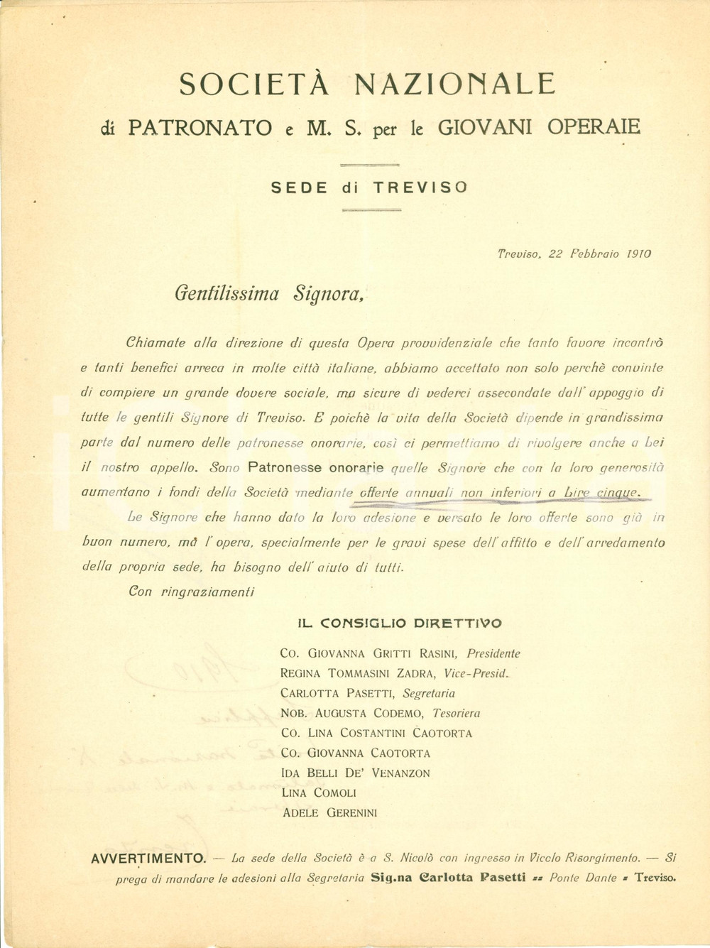 Documento originale, autentico 1910 TREVISO Patronesse SocietÃ  Nazionale Mutuo Soccorso Giovani Operaie 1