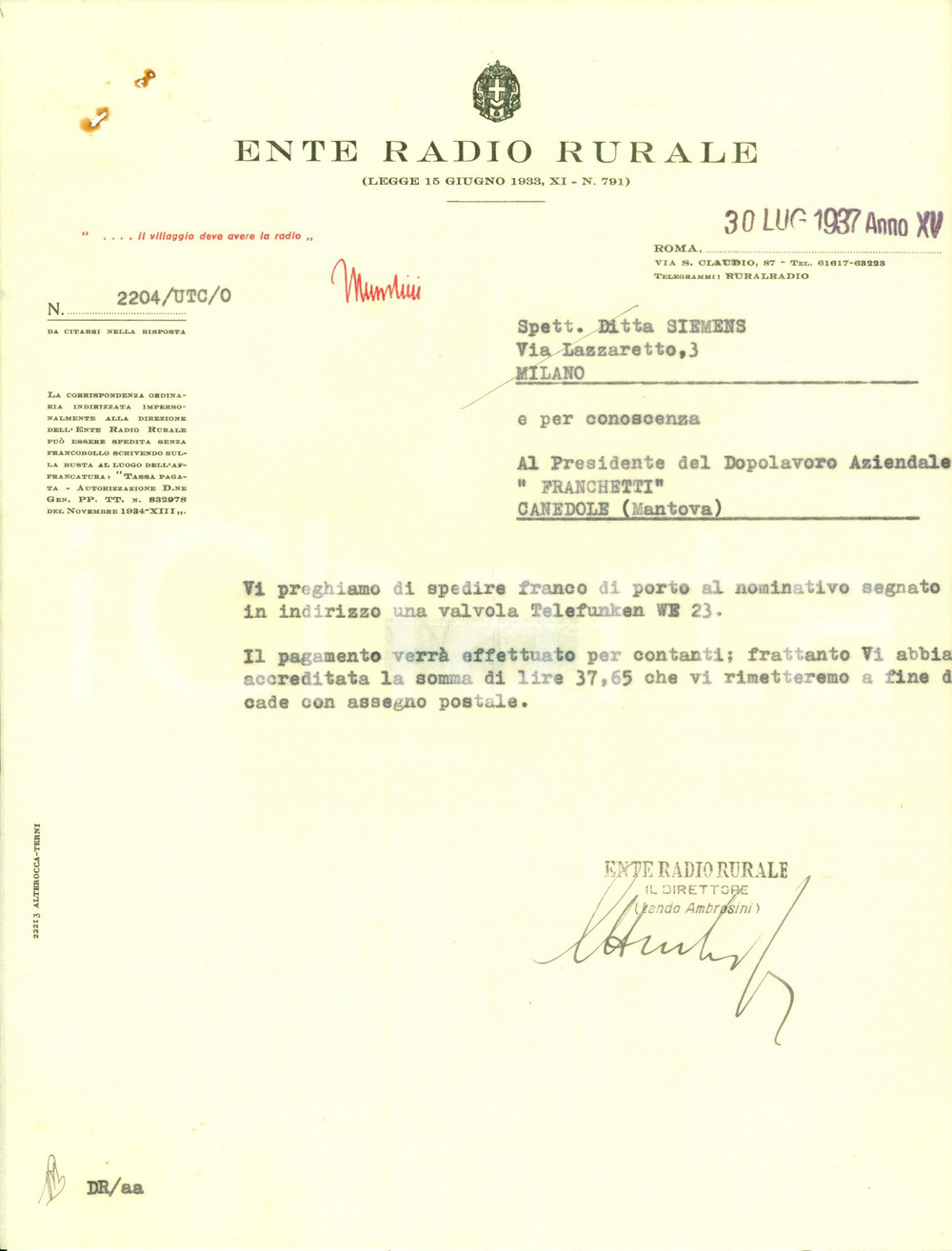 Documento originale, autentico 1937 ROMA Ente Radio Rurale spedisce valvola TELEFUNKEN WE 23 *Documento 1