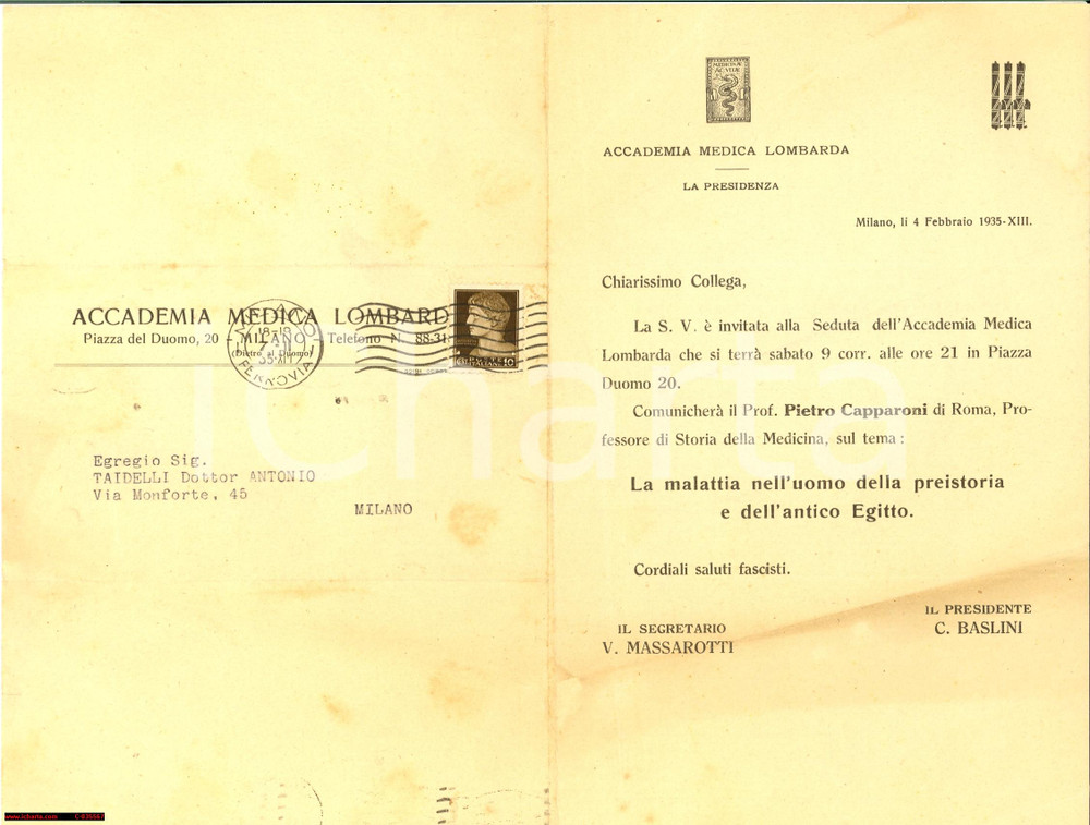 Documento originale, autentico 1935 MILANO Accademia Medica Lombarda - viaggiata 1