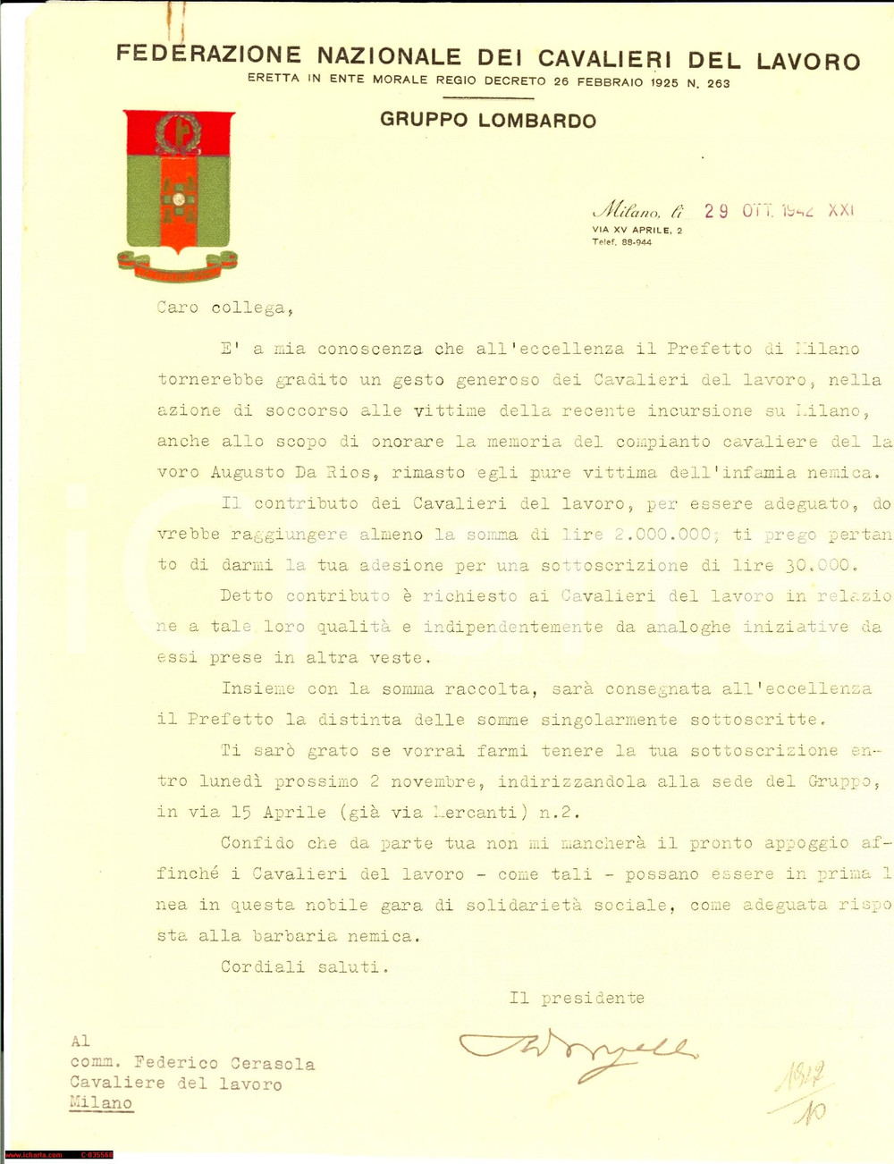 Documento originale, autentico 1942 MILANO bombardamenti Onori ad Augusto Da Rios 1