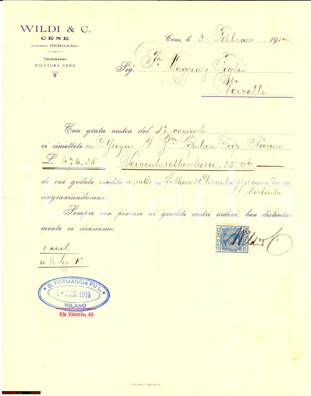 Manoscritto, lettera originale 1914 FILATURA CENE (BG) WILDI & C. carta intestata 1