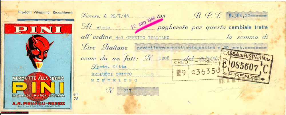 Oggetto da collezione cartaceo 1946 PINI FIRENZE Vermutte alla crema CAMBIALE 1