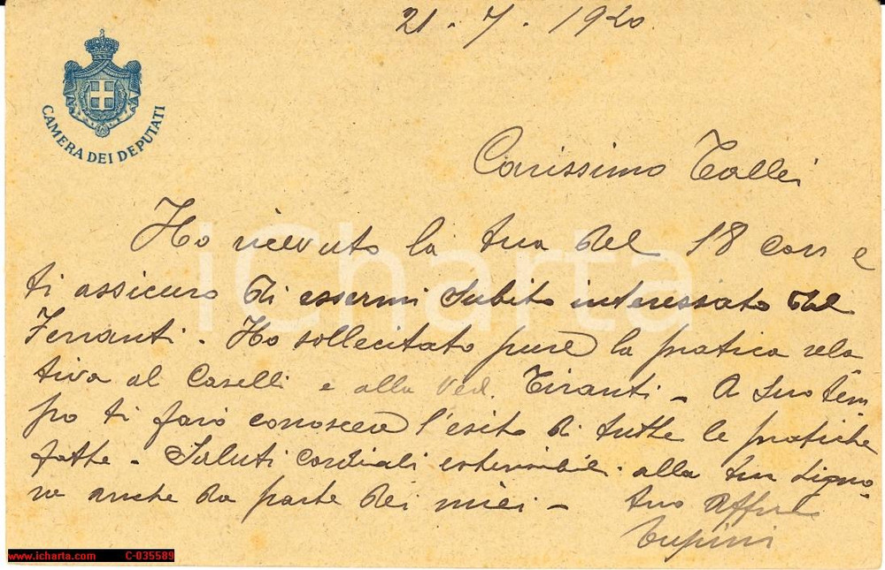 Autografo originale 1920 UMBERTO TUPINI  manoscritto autografo 1