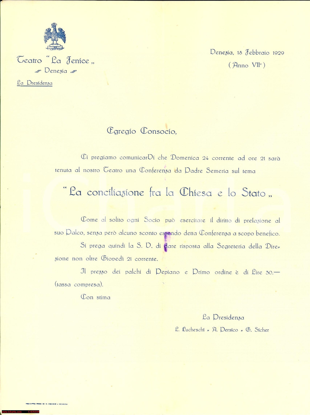 Documento originale, autentico 1929 VENEZIA TEATRO LA FENICE Patti Lateranensi 1