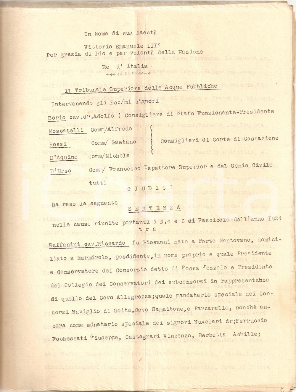 Documento originale, autentico 1929 MANTOVA Lite Consorzio FOSSA DI POZZOLO per acque pubbliche *Sentenza 1