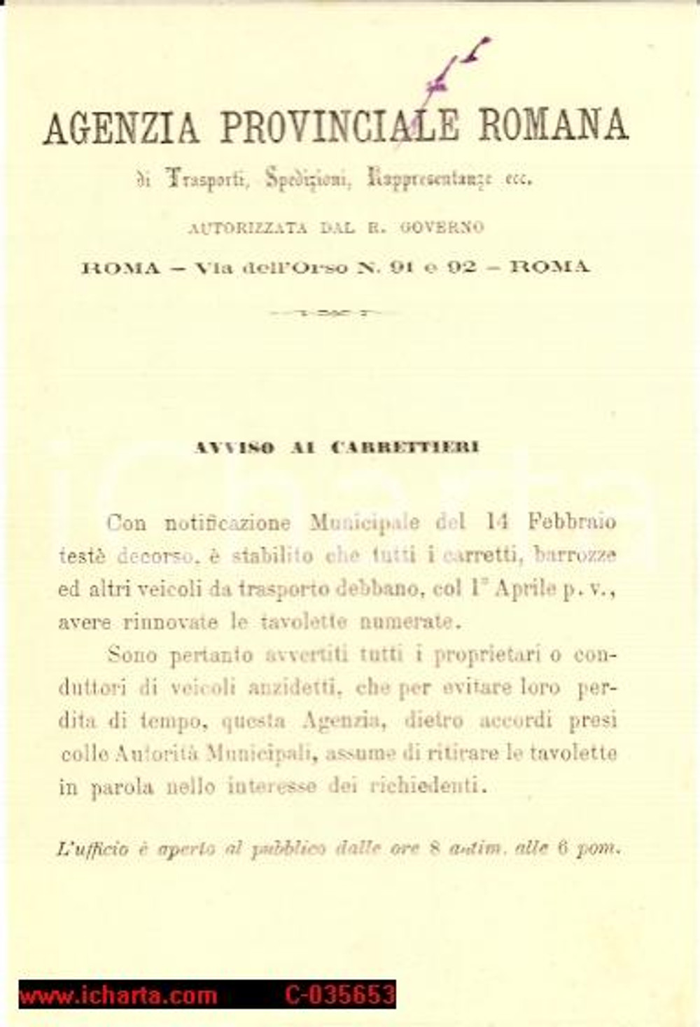 Documento originale, autentico 1890 Avviso ai Carrettieri - tavolette numerate 1