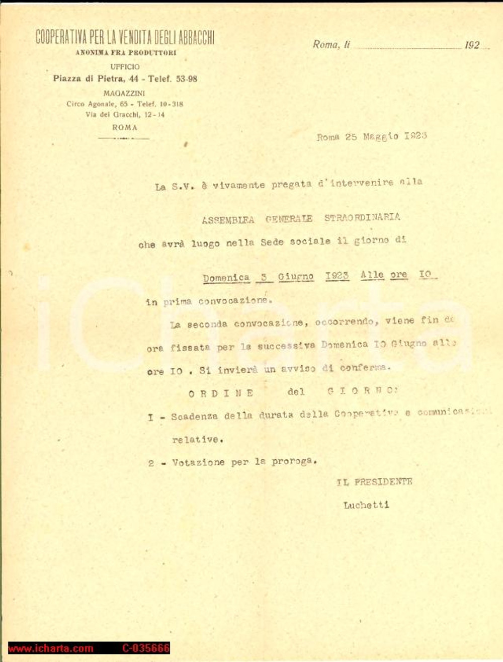 Documento originale, autentico 1923 COOPERATIVA VENDITA ABBACCHI Roma 1