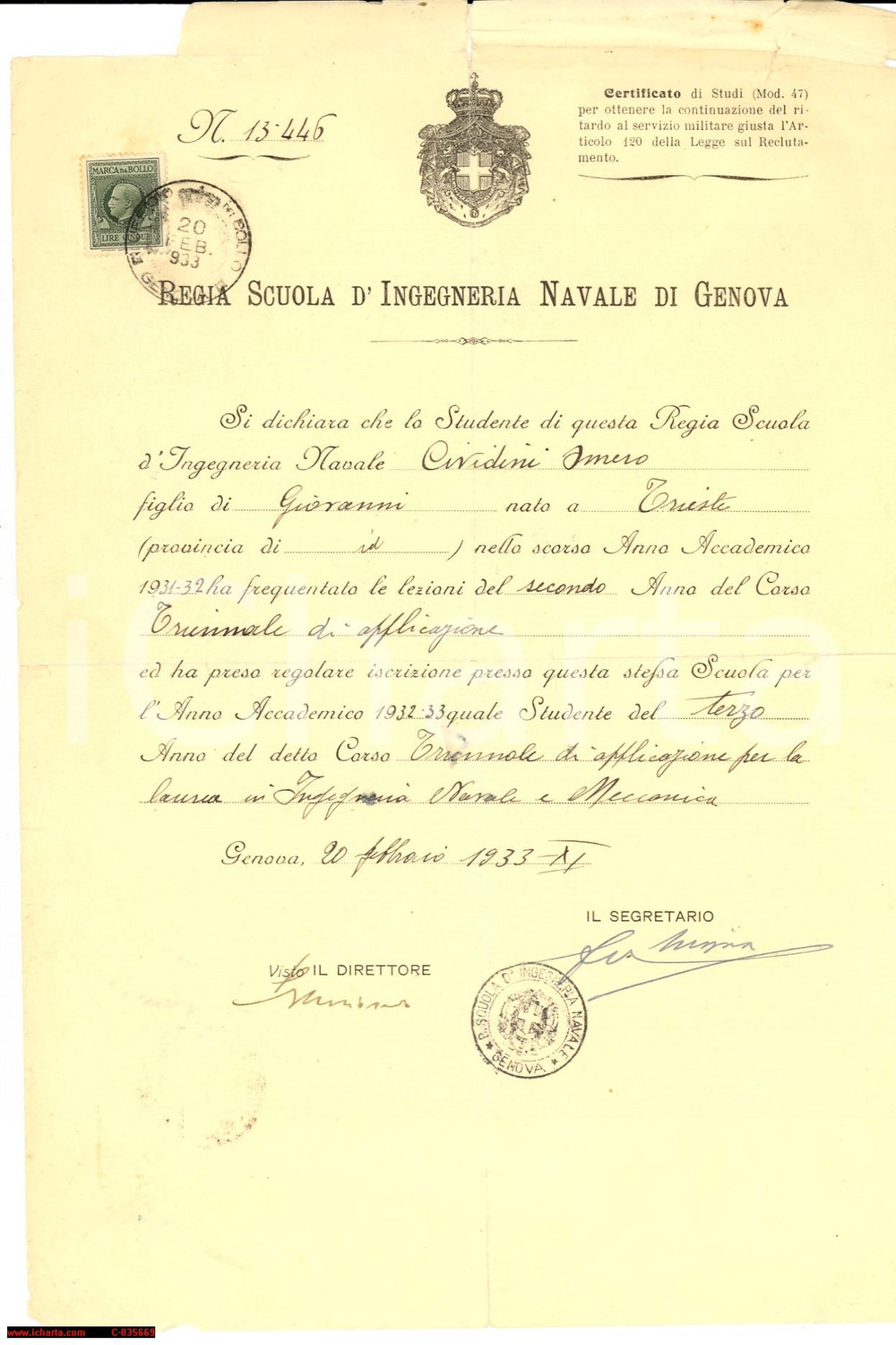 Documento originale, autentico 1933 Regia Scuola Ingegneria Navale  Genova 1