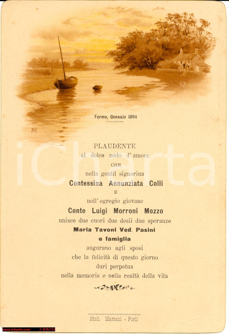 Oggetto da collezione cartaceo 1894 Fermo AP Nozze Conti COLLI  MORRONI MOZZO  Biglietto augurale 1